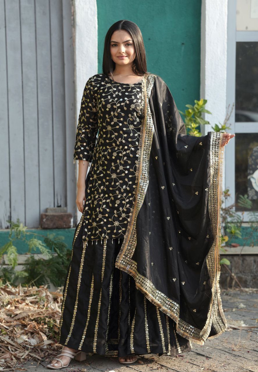 Teeya Creation Black Color Chinnon Silk Embroidery Work Fully Stitched Salwar Suit - Distacart