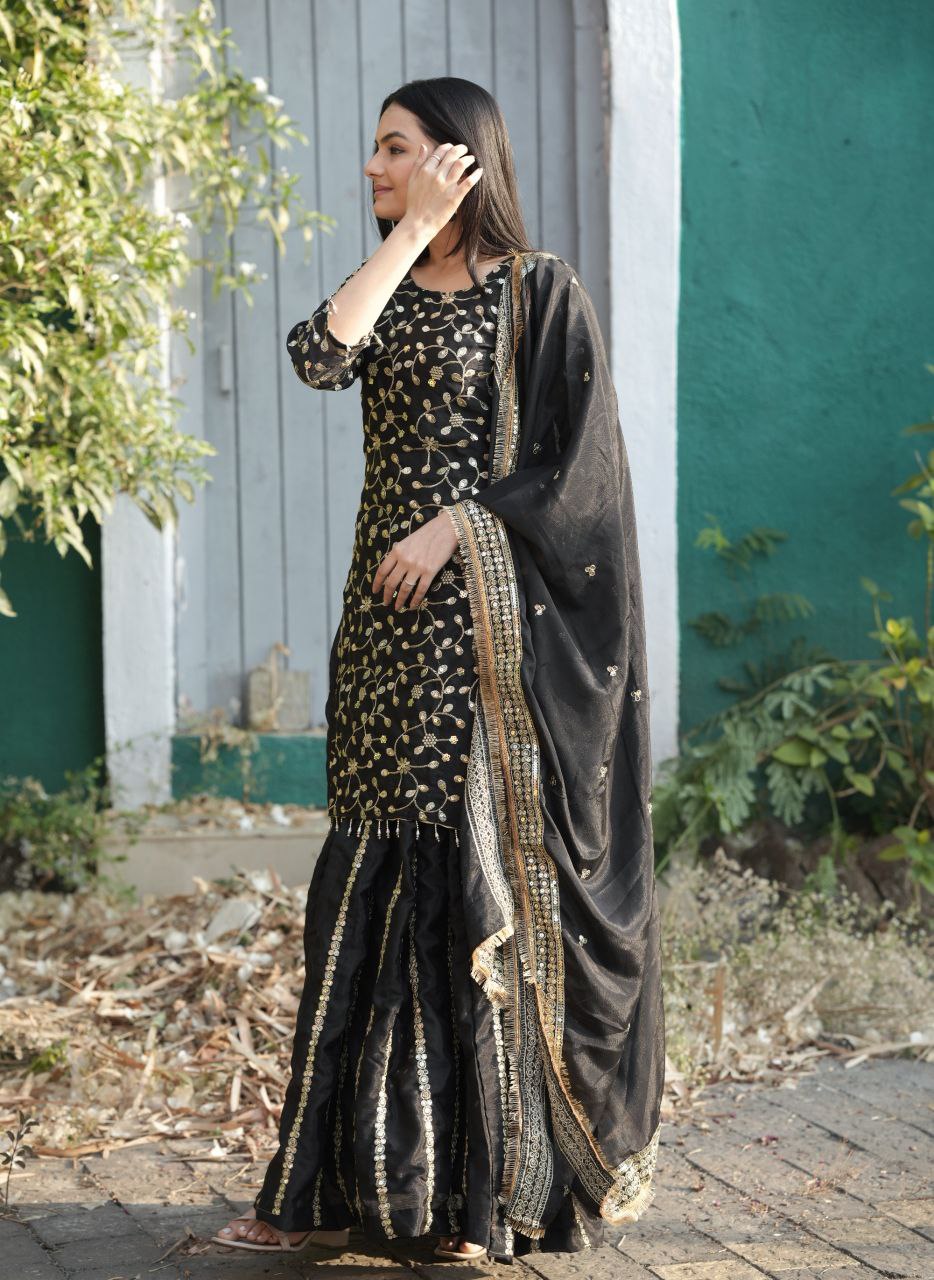Teeya Creation Black Color Chinnon Silk Embroidery Work Fully Stitched Salwar Suit - Distacart