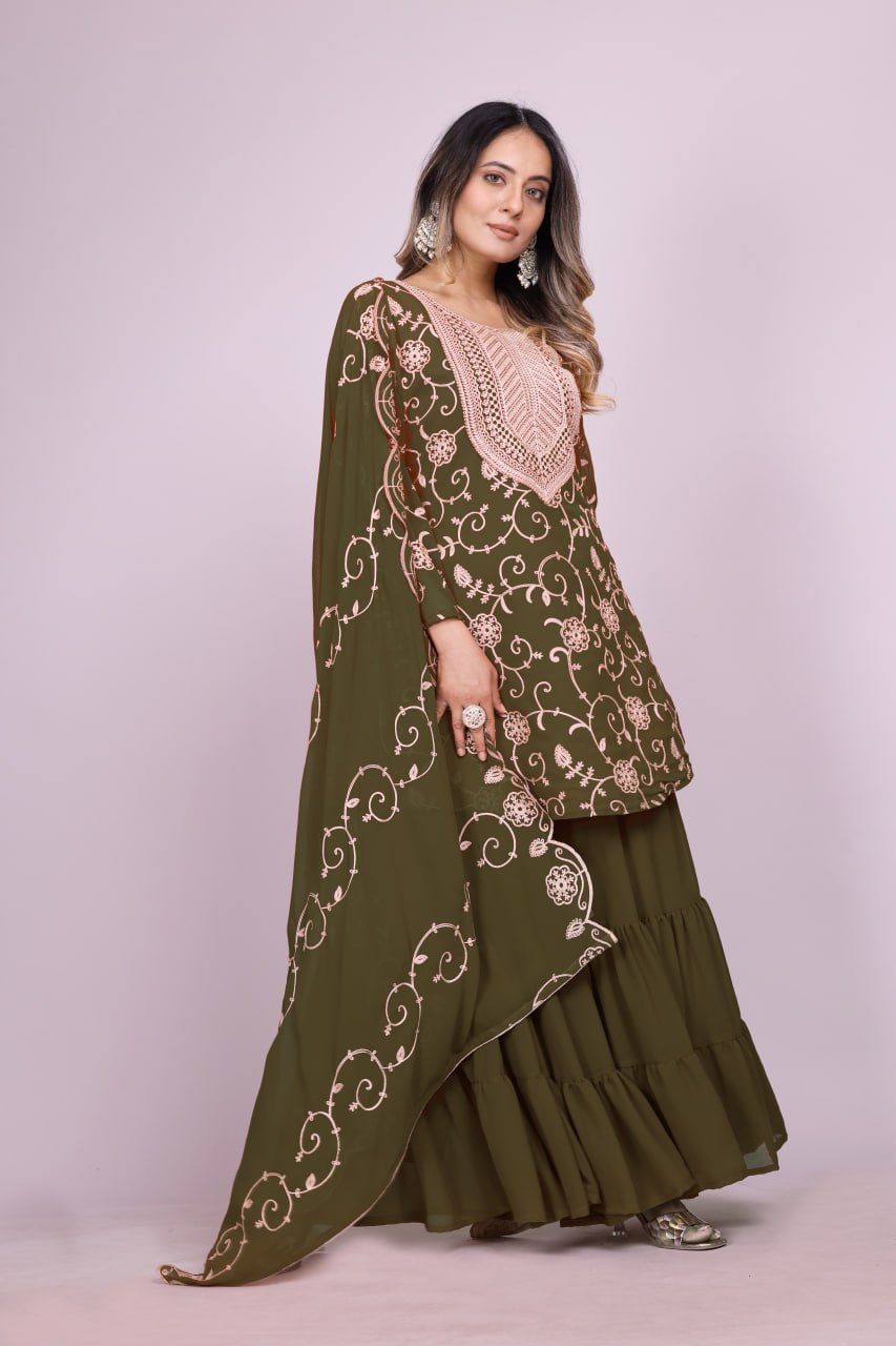 Teeya Creation Mehendi Color Faux Georgette Embroidery Work Fully Stitched Salwar Suit - Distacart