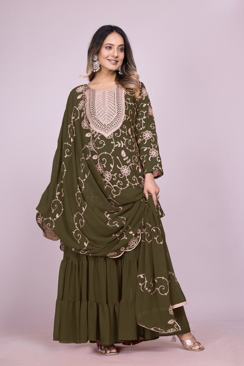 Teeya Creation Mehendi Color Faux Georgette Embroidery Work Fully Stitched Salwar Suit - Distacart