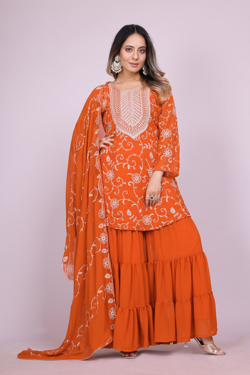 Teeya Creation Orange Color Faux Georgette Embroidery Work Fully Stitched Salwar Suit - Distacart