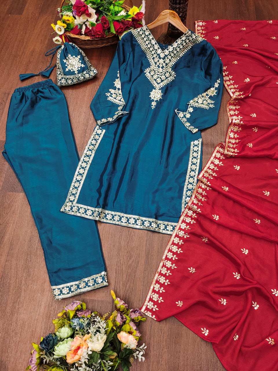 Prazu Fashion Royal Blue Chinon Silk Sequence Embroidered Salwar Suit