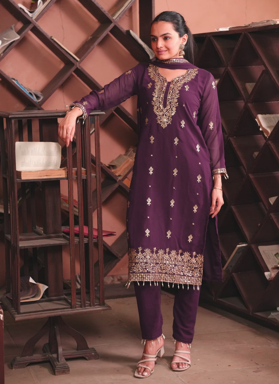 Prazu Fashion Dark Purple Georgette Sequence Embroidered Salwar Suit