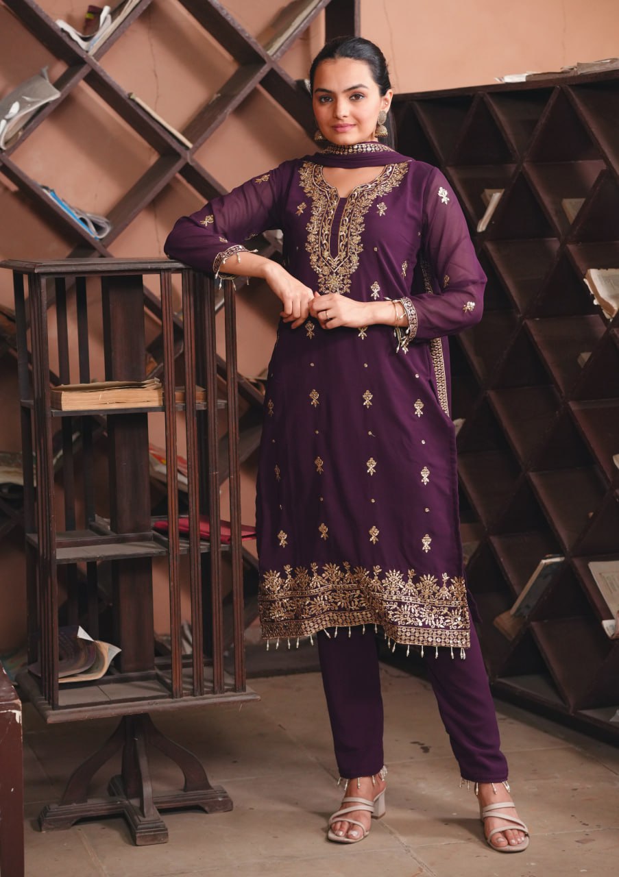 Prazu Fashion Dark Purple Georgette Sequence Embroidered Salwar Suit