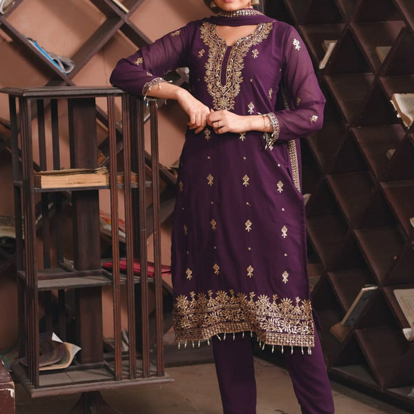 Prazu Fashion Dark Purple Georgette Sequence Embroidered Salwar Suit