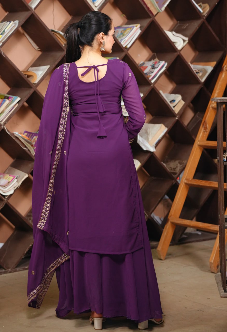 Prazu Fashion Purple Georgette Sequence Embroidered Sharara Suit