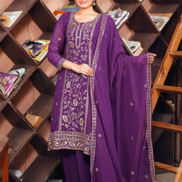 Prazu Fashion Purple Georgette Sequence Embroidered Sharara Suit