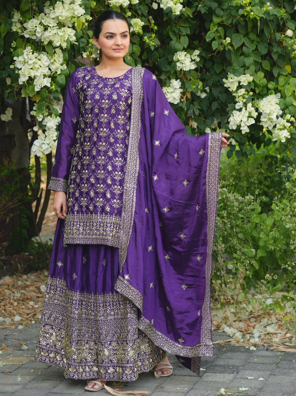 Prazu Fashion Violet Chinon Silk Sequence Embroidered Sharara Suit