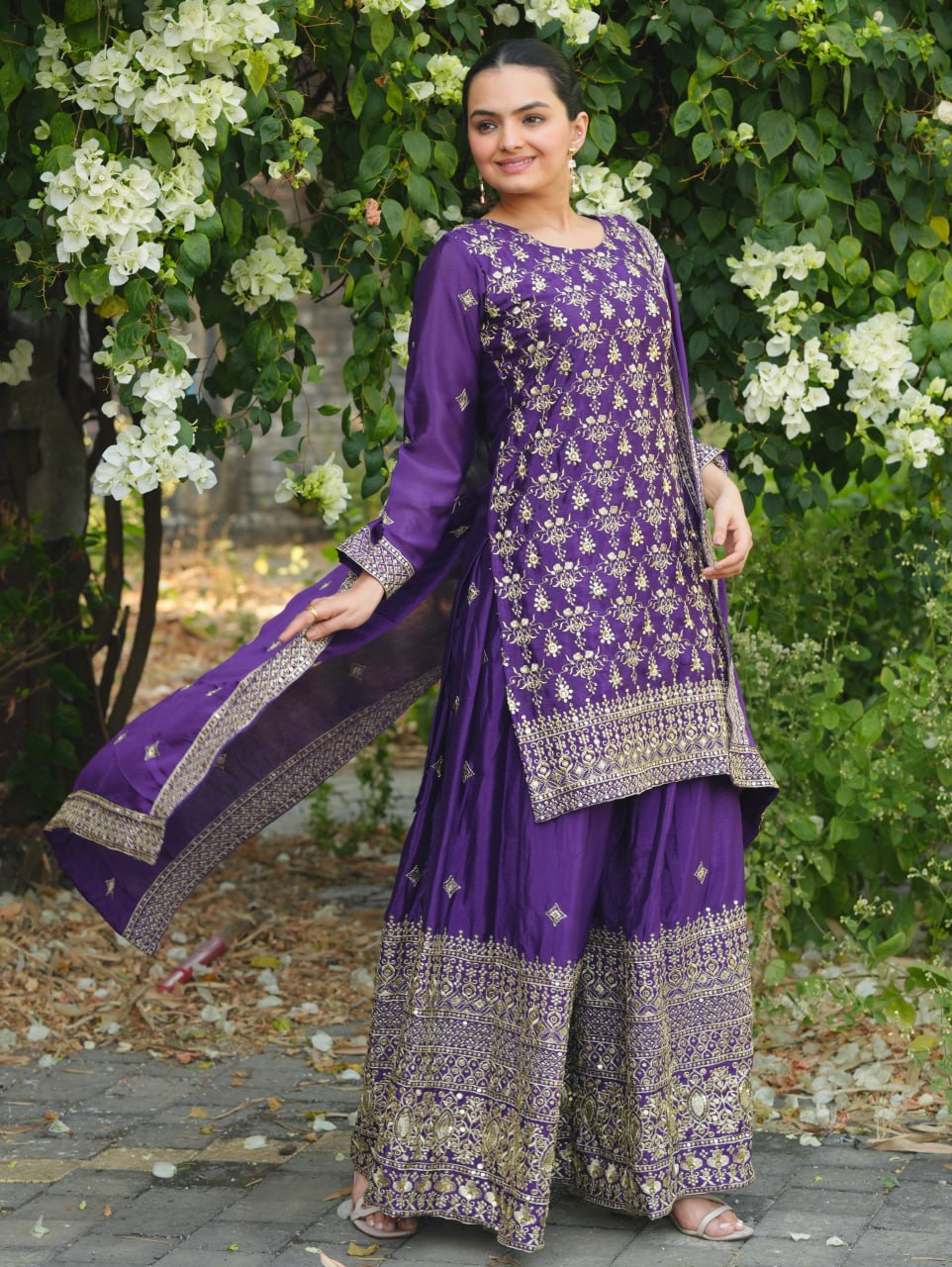 Prazu Fashion Violet Chinon Silk Sequence Embroidered Sharara Suit