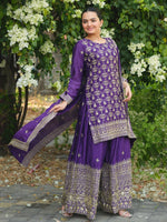 Thumbnail for Prazu Fashion Violet Chinon Silk Sequence Embroidered Sharara Suit