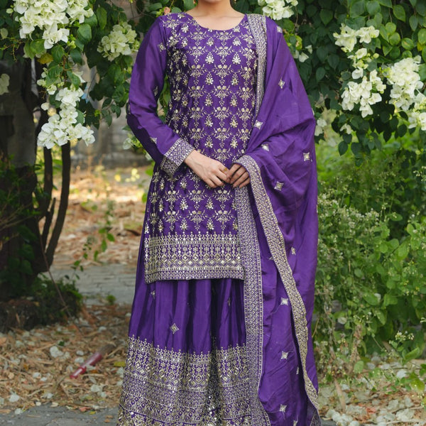 Prazu Fashion Violet Chinon Silk Sequence Embroidered Sharara Suit