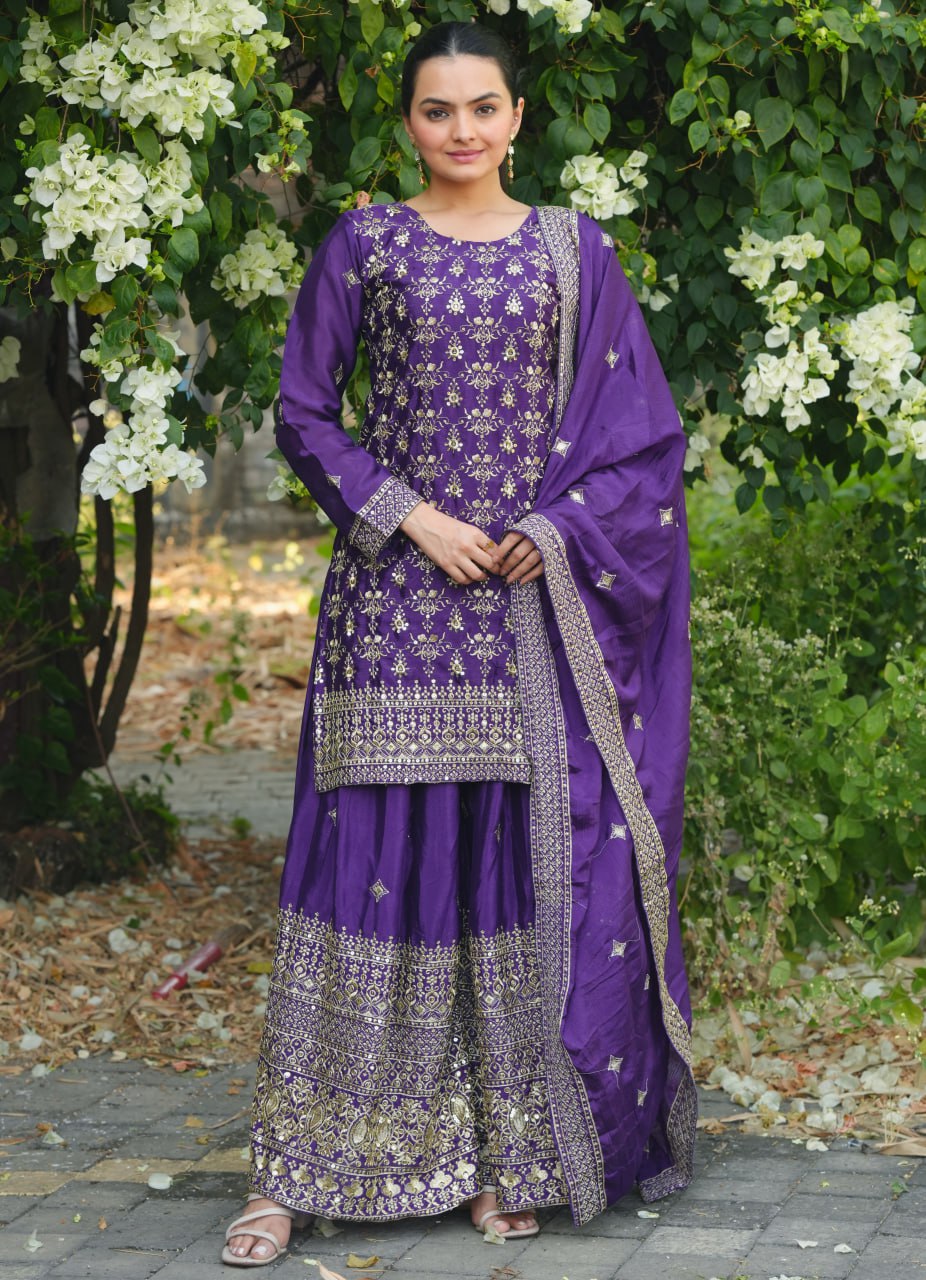 Prazu Fashion Violet Chinon Silk Sequence Embroidered Sharara Suit