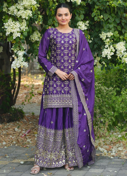 Prazu Fashion Violet Chinon Silk Sequence Embroidered Sharara Suit - Distacart