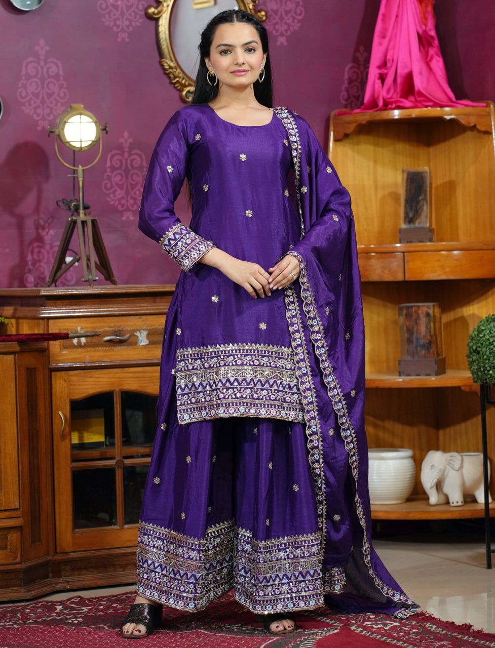 Prazu Fashion Violet Chinon Silk Sequence Embroidered Sharara Suit