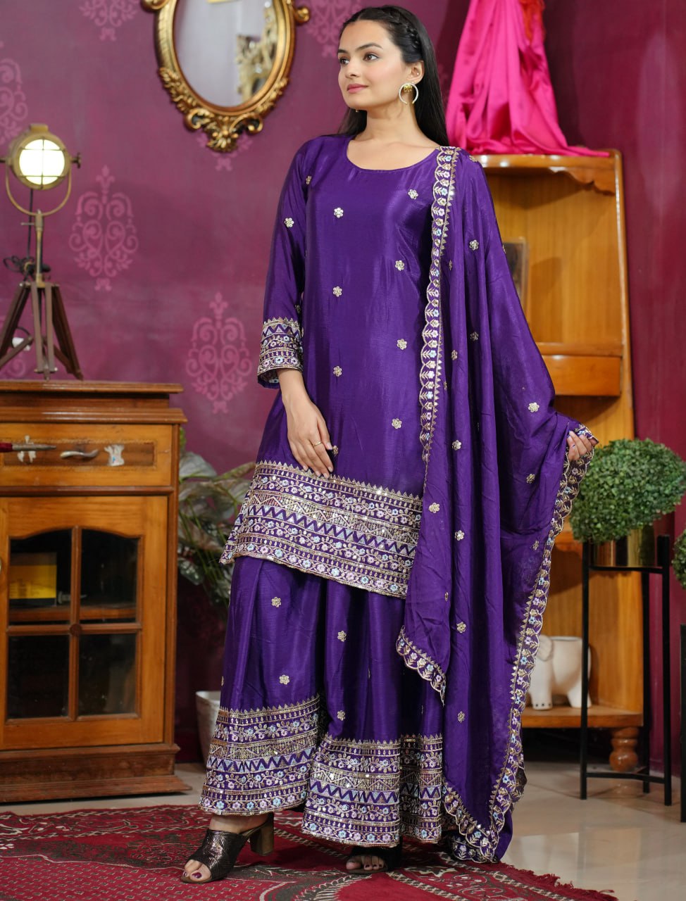 Prazu Fashion Violet Chinon Silk Sequence Embroidered Sharara Suit