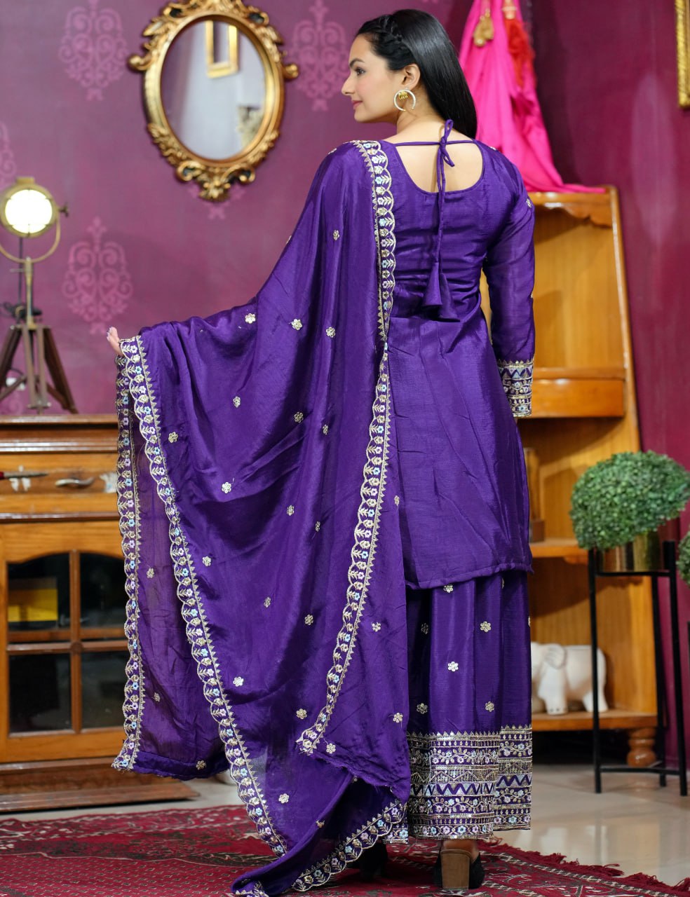 Prazu Fashion Violet Chinon Silk Sequence Embroidered Sharara Suit