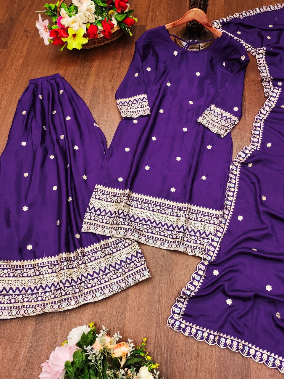Prazu Fashion Violet Chinon Silk Sequence Embroidered Sharara Suit