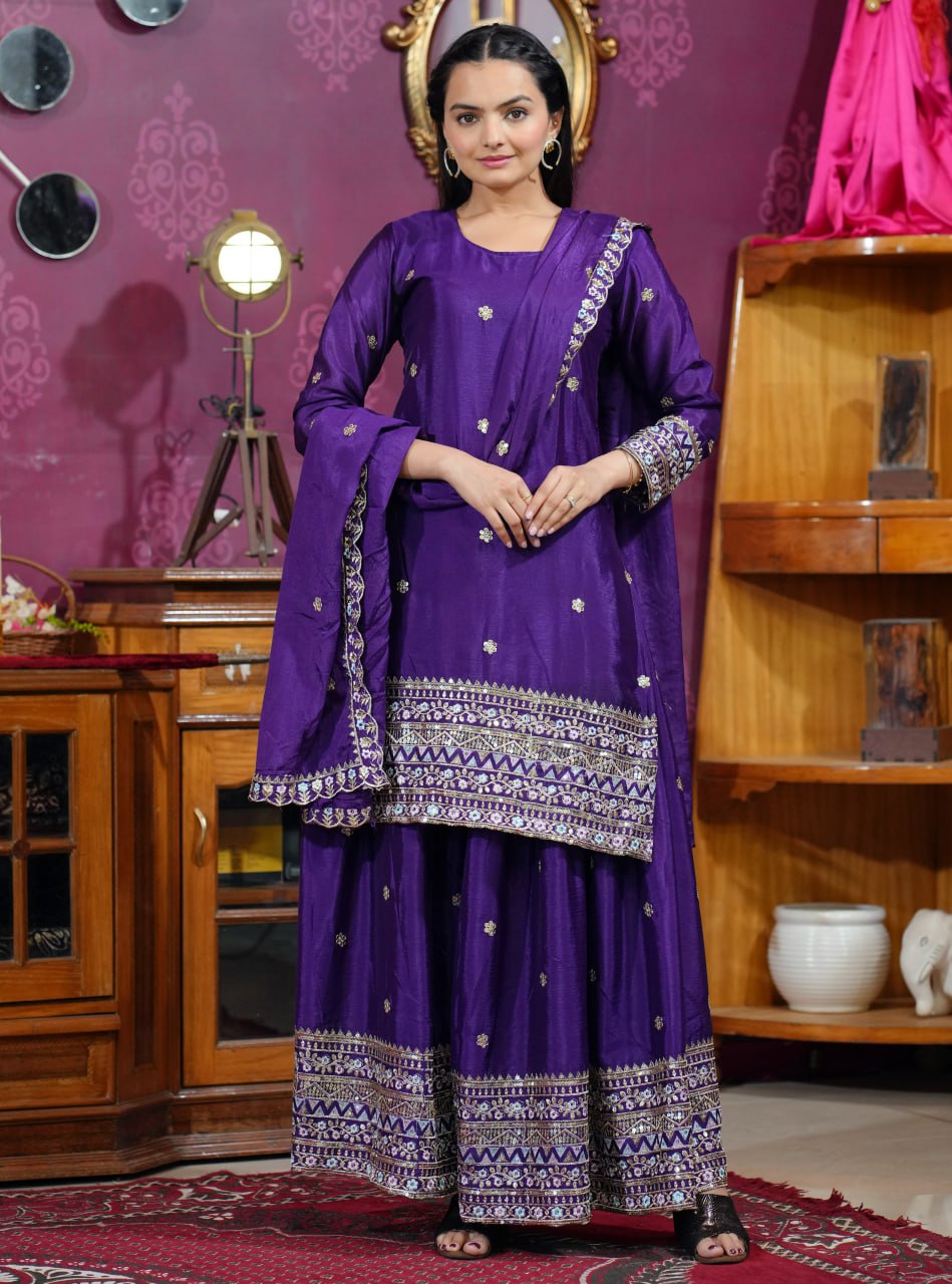Prazu Fashion Violet Chinon Silk Sequence Embroidered Sharara Suit