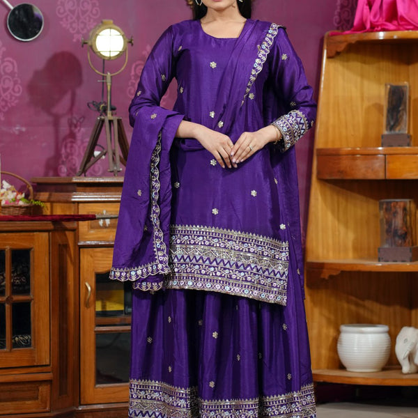 Prazu Fashion Violet Chinon Silk Sequence Embroidered Sharara Suit