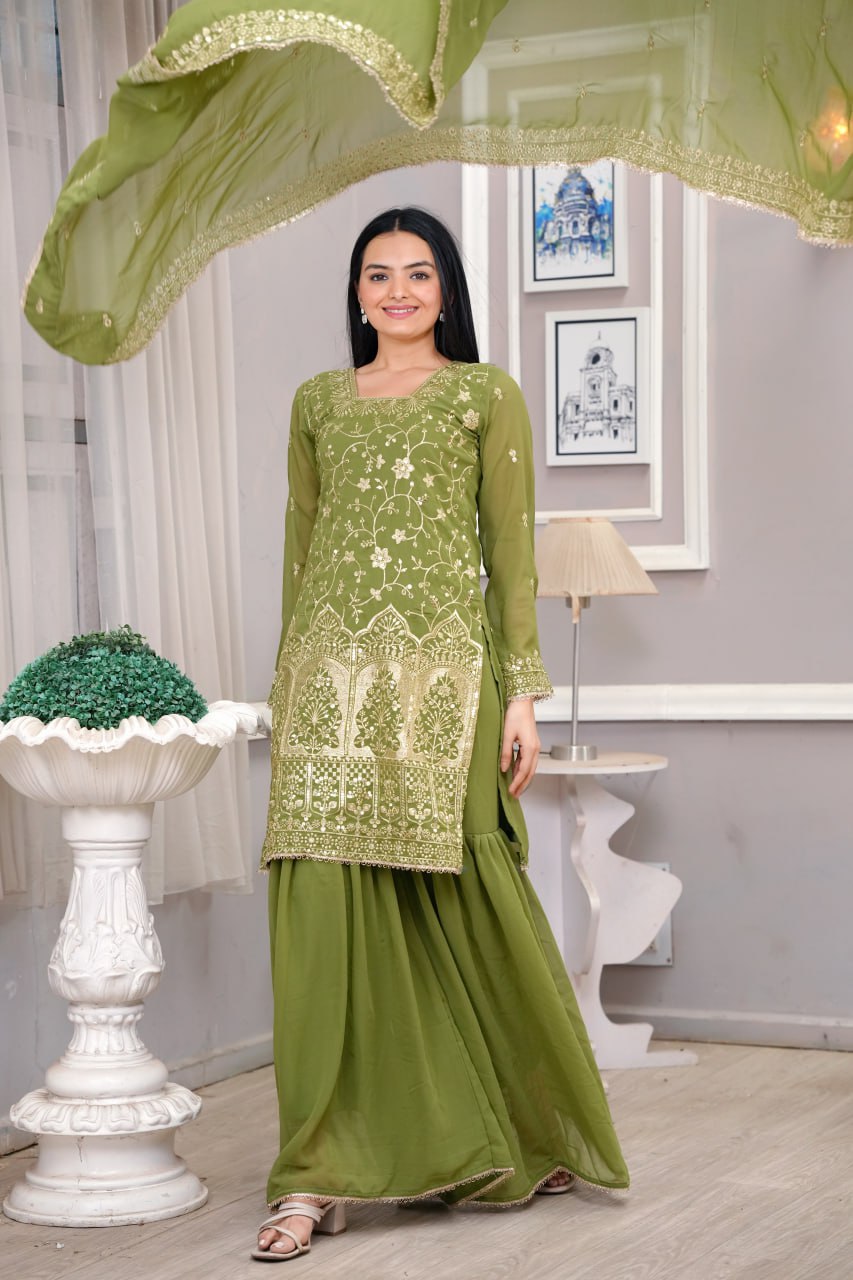 Prazu Fashion Mehendi Georgette Sequence Embroidered Sharara Suit