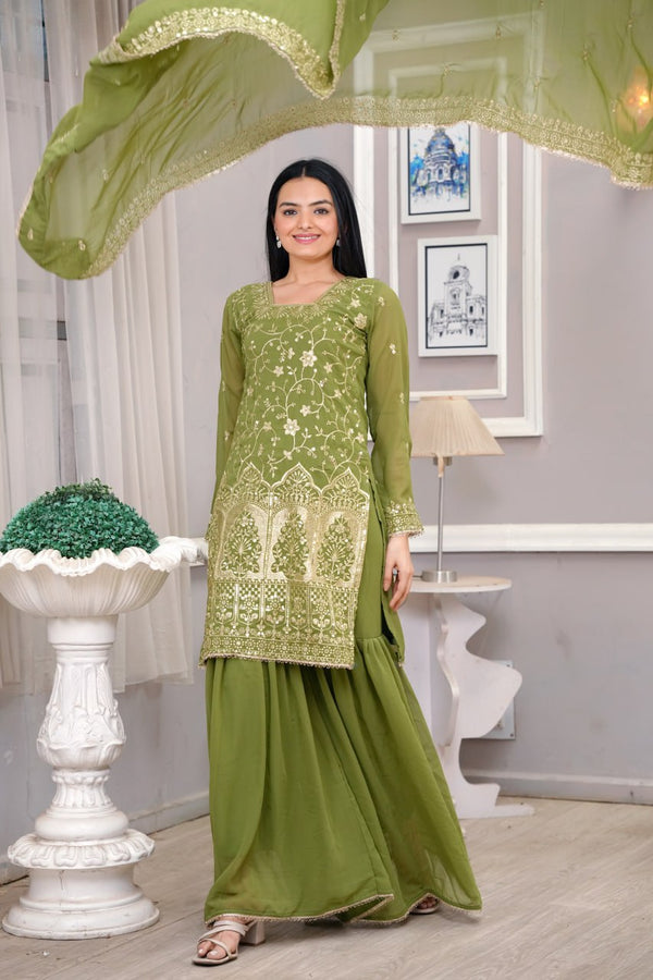 Prazu Fashion Mehendi Georgette Sequence Embroidered Sharara Suit