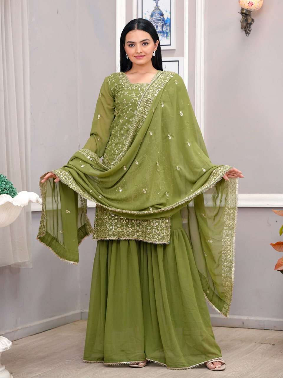 Prazu Fashion Mehendi Georgette Sequence Embroidered Sharara Suit