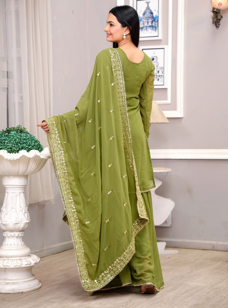Prazu Fashion Mehendi Georgette Sequence Embroidered Sharara Suit