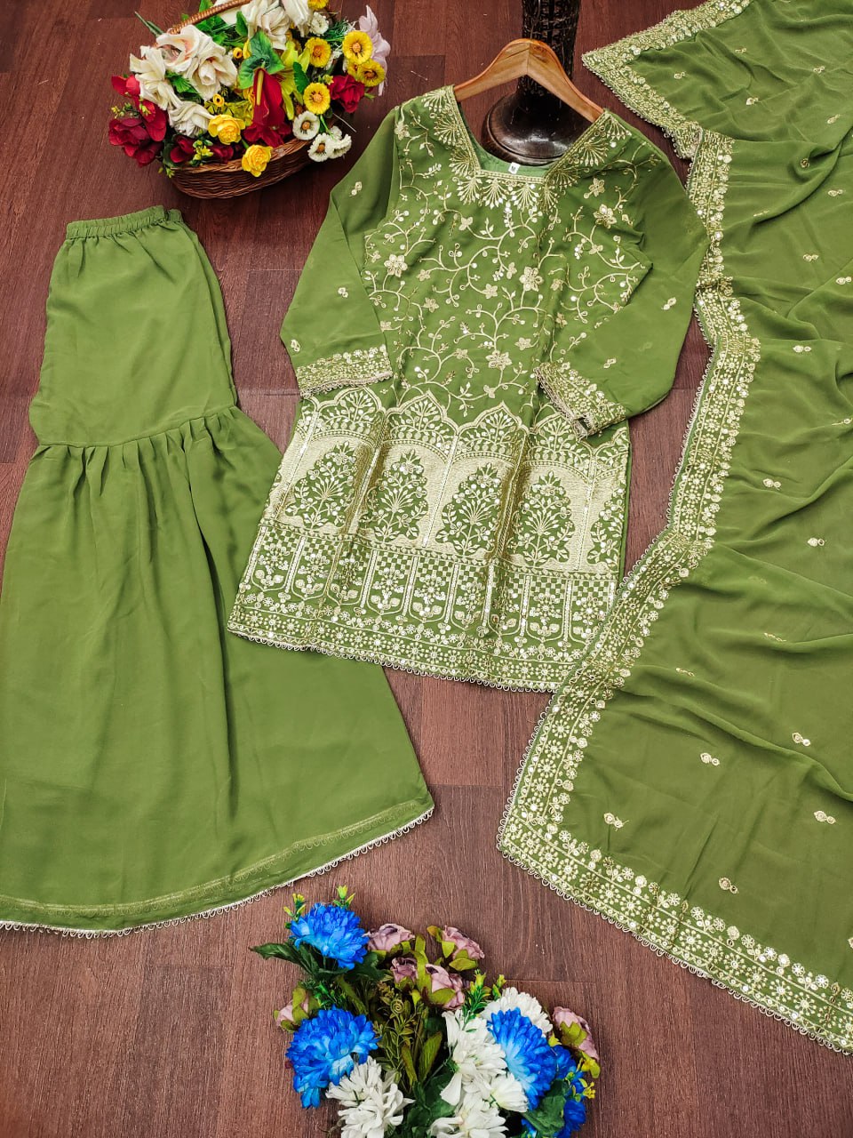 Prazu Fashion Mehendi Georgette Sequence Embroidered Sharara Suit
