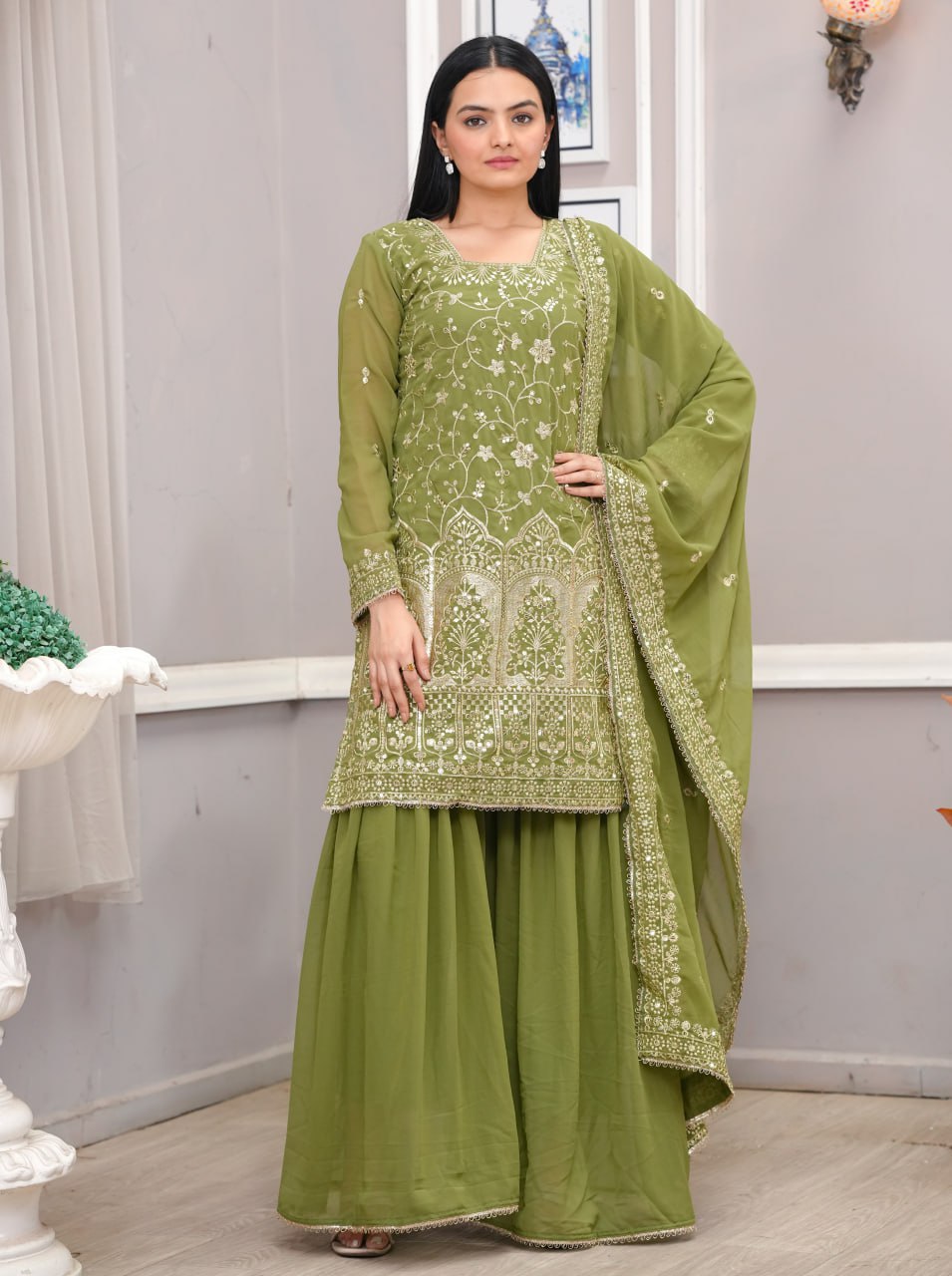 Prazu Fashion Mehendi Georgette Sequence Embroidered Sharara Suit - Distacart