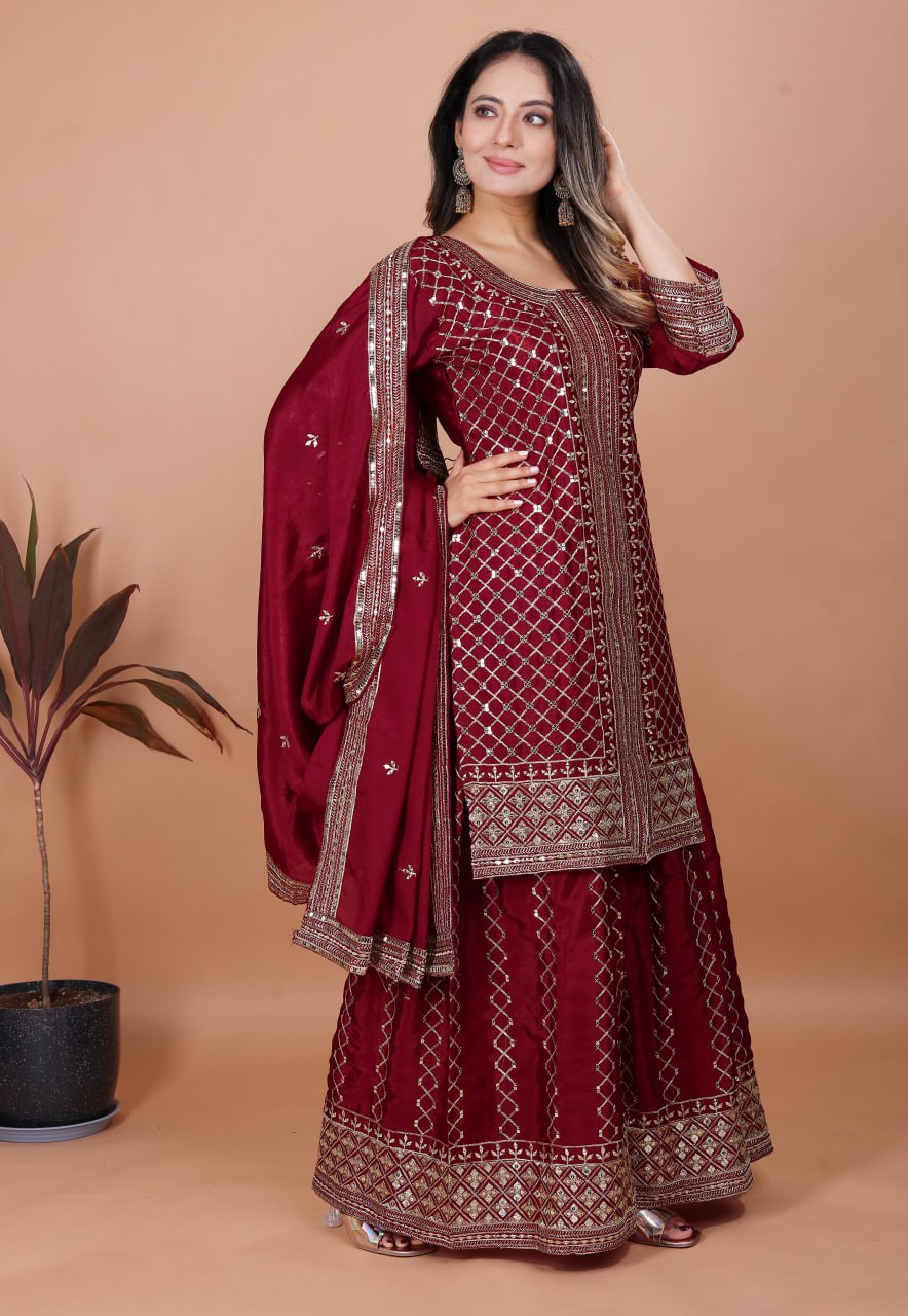 Prazu Fashion Maroon Chinon Silk Sequence Embroidered Sharara Suit