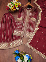 Thumbnail for Prazu Fashion Maroon Chinon Silk Sequence Embroidered Sharara Suit