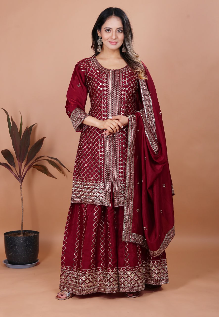 Prazu Fashion Maroon Chinon Silk Sequence Embroidered Sharara Suit - Distacart