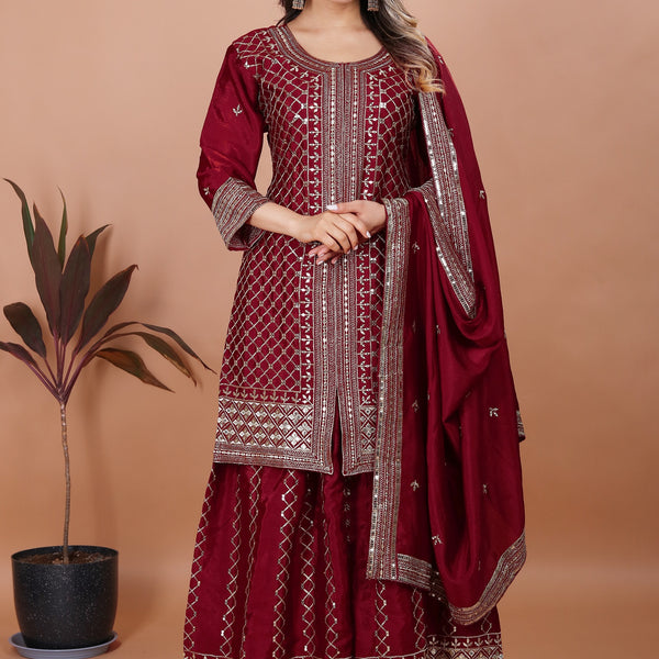 Lehenga Mart Maroon Chinon Gorgeous Chinon Sharara Suit For Wedding Wear