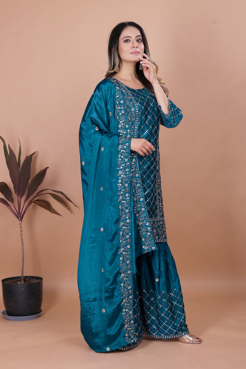 Prazu Fashion Aqua Blue Chinon Silk Sequence Embroidered Sharara Suit