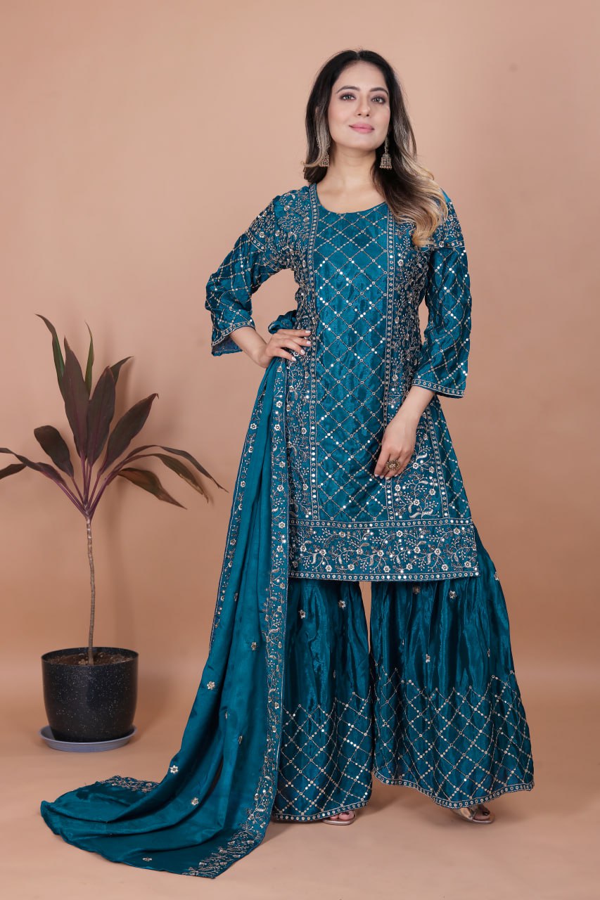 Prazu Fashion Aqua Blue Chinon Silk Sequence Embroidered Sharara Suit