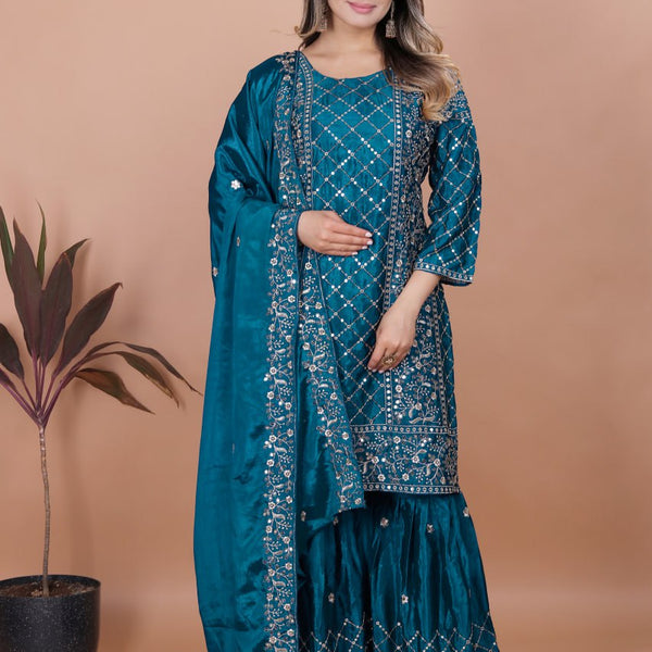 Prazu Fashion Aqua Blue Chinon Silk Sequence Embroidered Sharara Suit