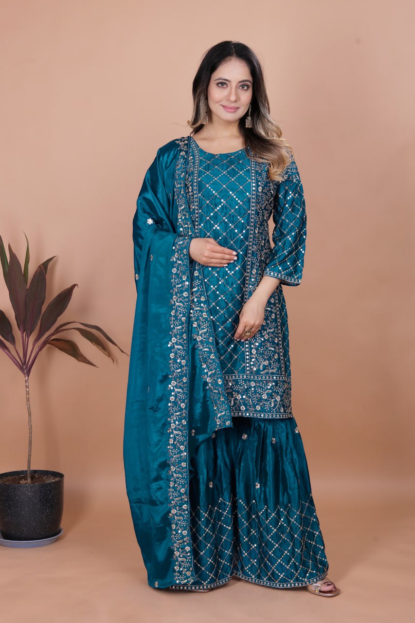 Prazu Fashion Aqua Blue Chinon Silk Sequence Embroidered Sharara Suit - Distacart