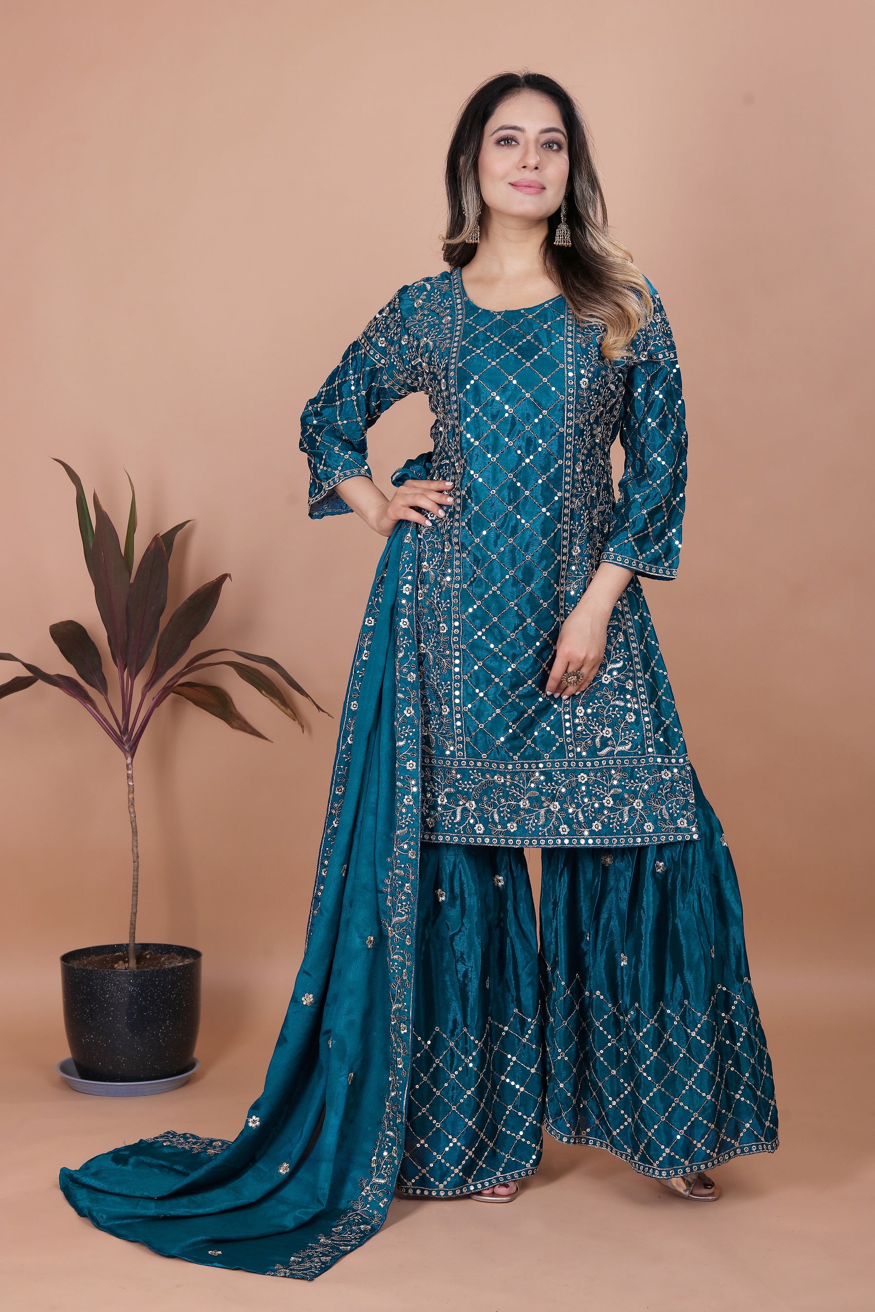 Lehenga Mart Teal Chinon Gorgeous Chinon Sharara Suit For Wedding Wear