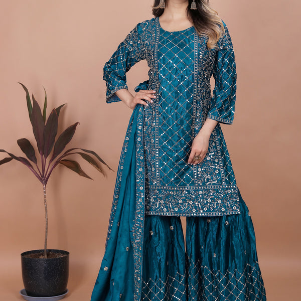 Lehenga Mart Teal Chinon Gorgeous Chinon Sharara Suit For Wedding Wear - Distacart