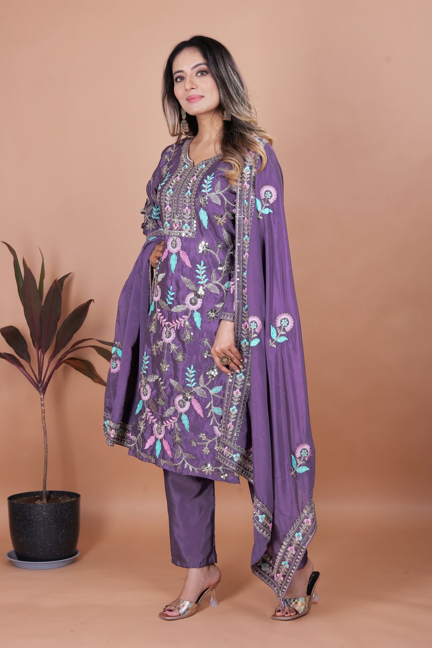 Prazu Fashion Dark Lavender Chinon Silk Sequence Embroidered Salwar Suit