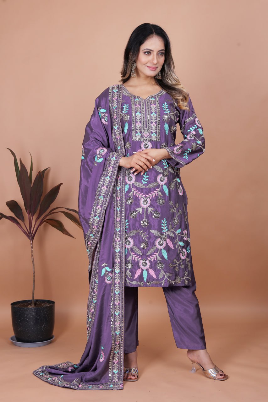 Prazu Fashion Dark Lavender Chinon Silk Sequence Embroidered Salwar Suit