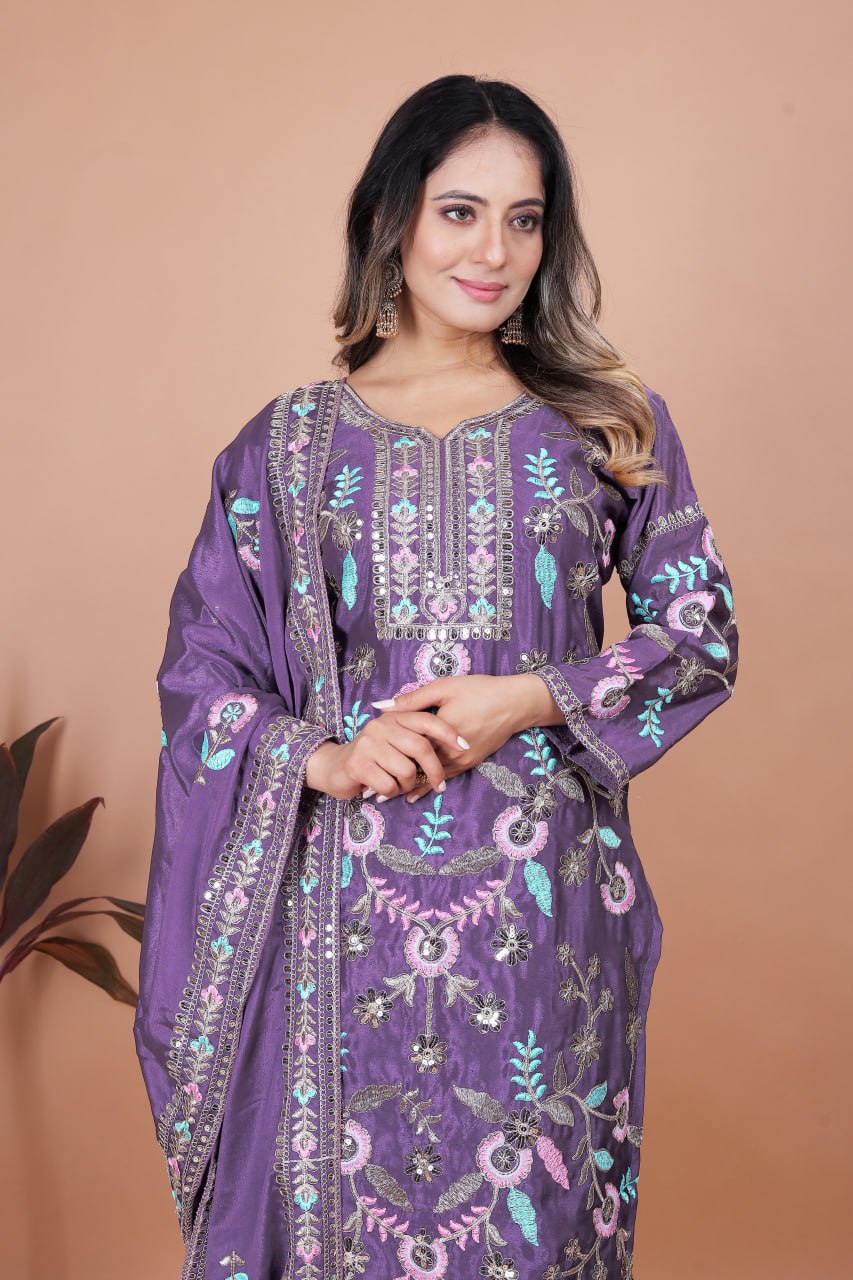 Prazu Fashion Dark Lavender Chinon Silk Sequence Embroidered Salwar Suit