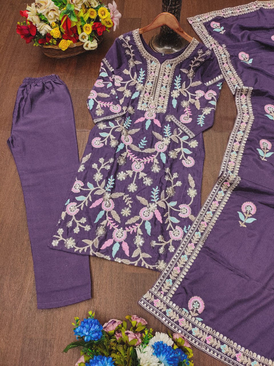 Prazu Fashion Dark Lavender Chinon Silk Sequence Embroidered Salwar Suit