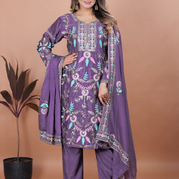 Prazu Fashion Dark Lavender Chinon Silk Sequence Embroidered Salwar Suit