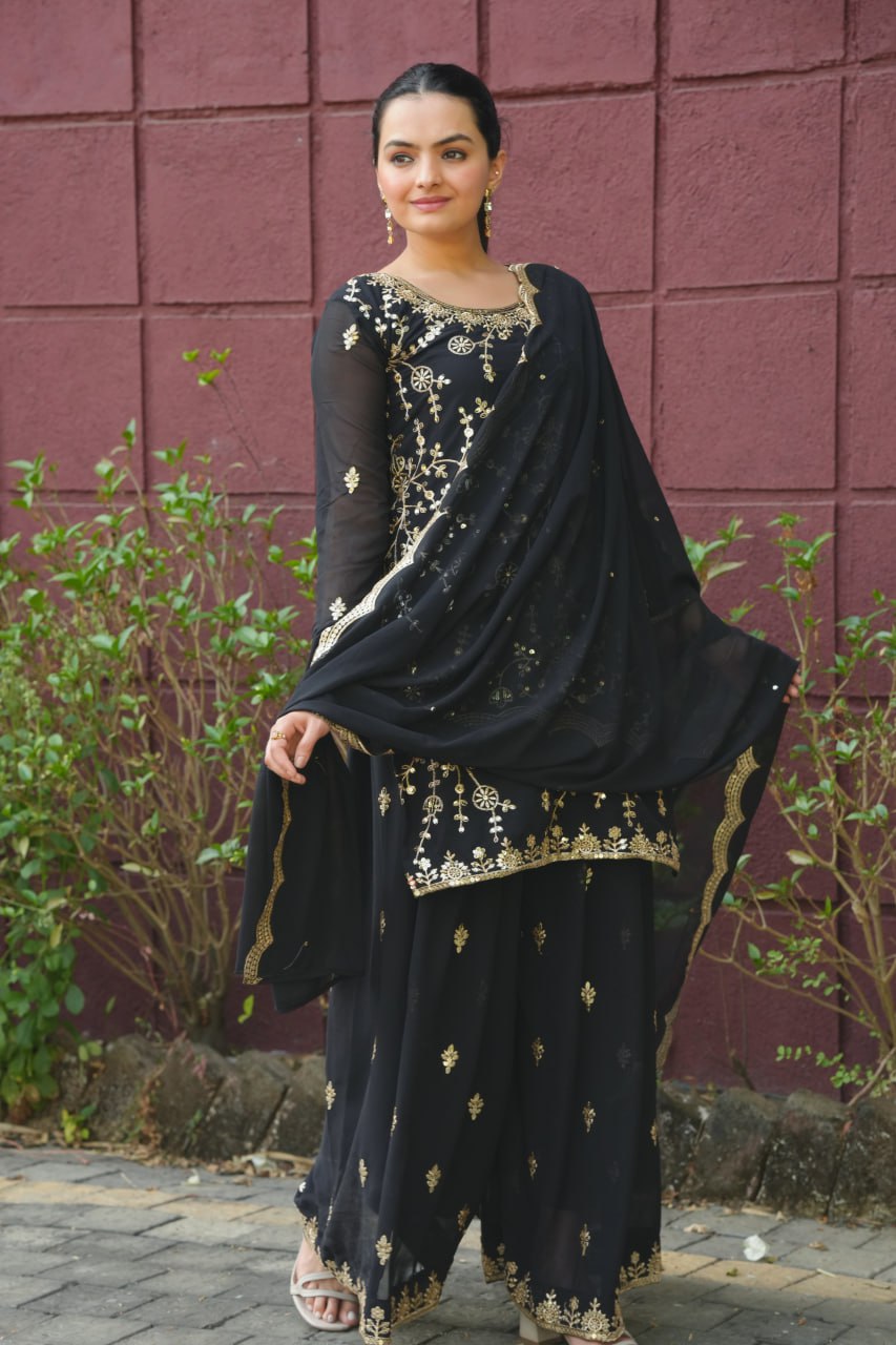 Prazu Fashion Black Georgette Sequence Embroidered Sharara Suit