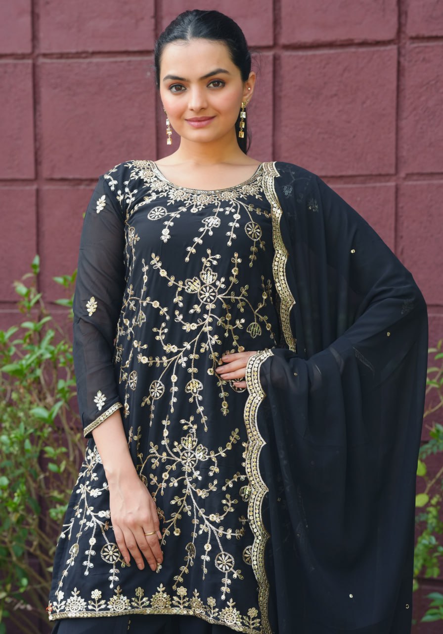 Prazu Fashion Black Georgette Sequence Embroidered Sharara Suit