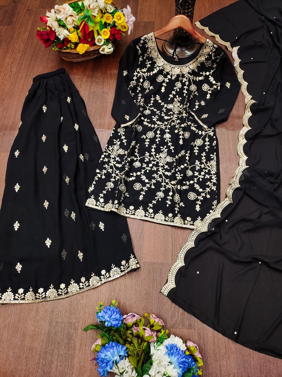 Prazu Fashion Black Georgette Sequence Embroidered Sharara Suit