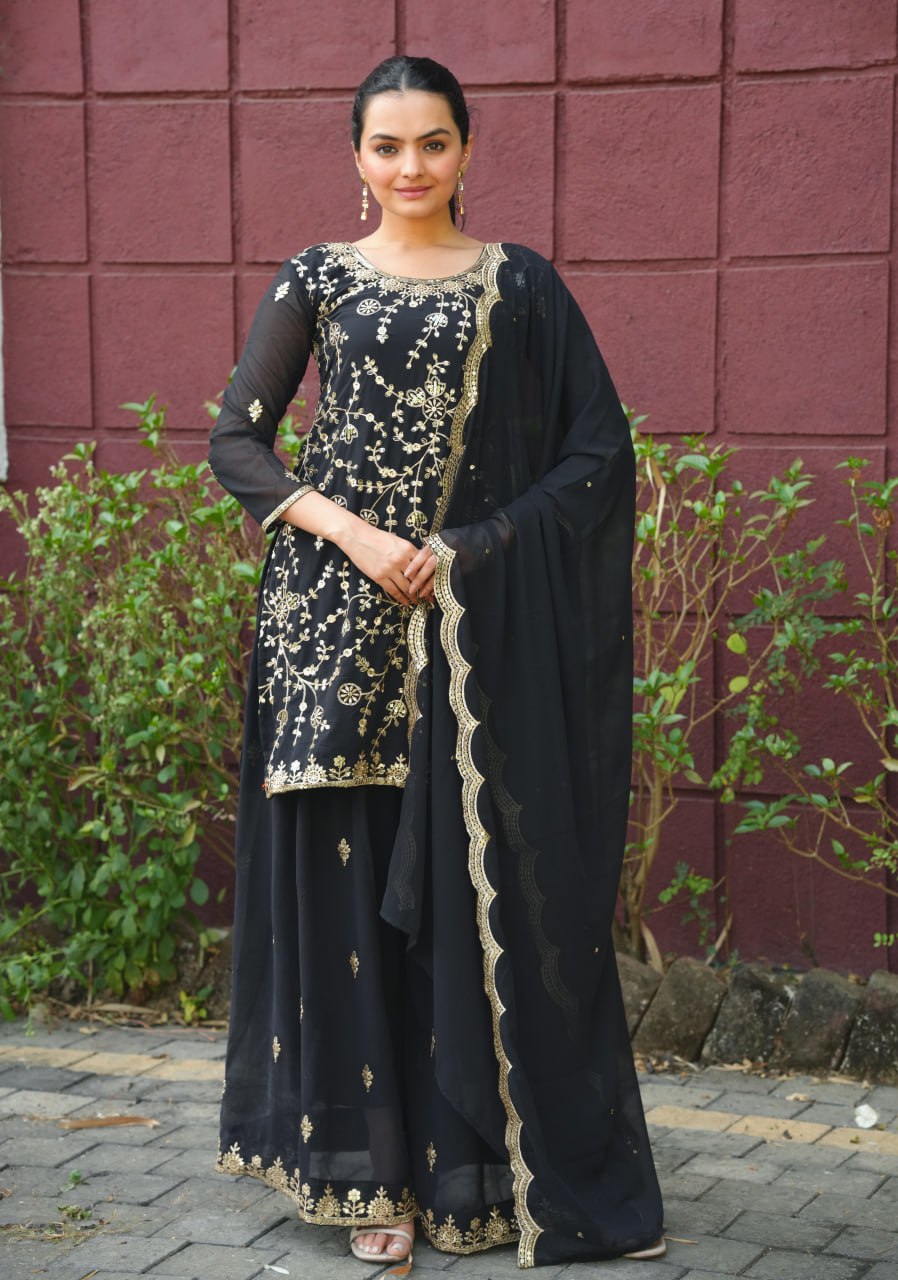 Prazu Fashion Black Georgette Sequence Embroidered Sharara Suit
