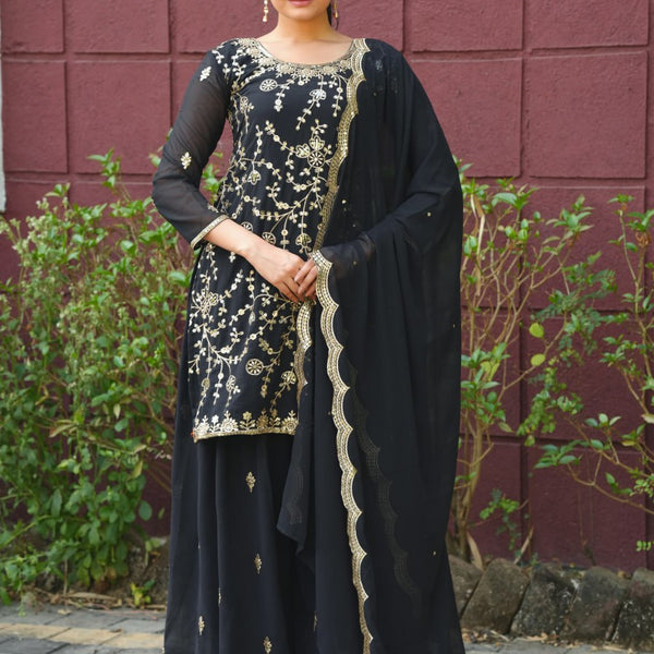 Prazu Fashion Black Georgette Sequence Embroidered Sharara Suit