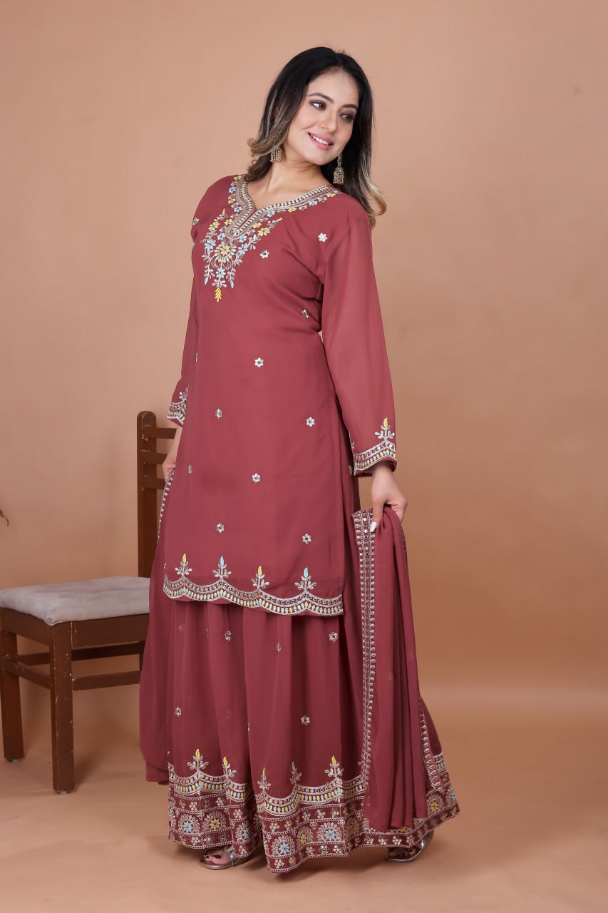 Prazu Fashion Gajri Red Georgette Embroidered Sharara Suit